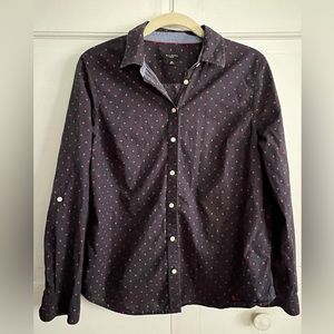 Talbots 10P (petite) navy with red polka dot women’s Button Down shirt